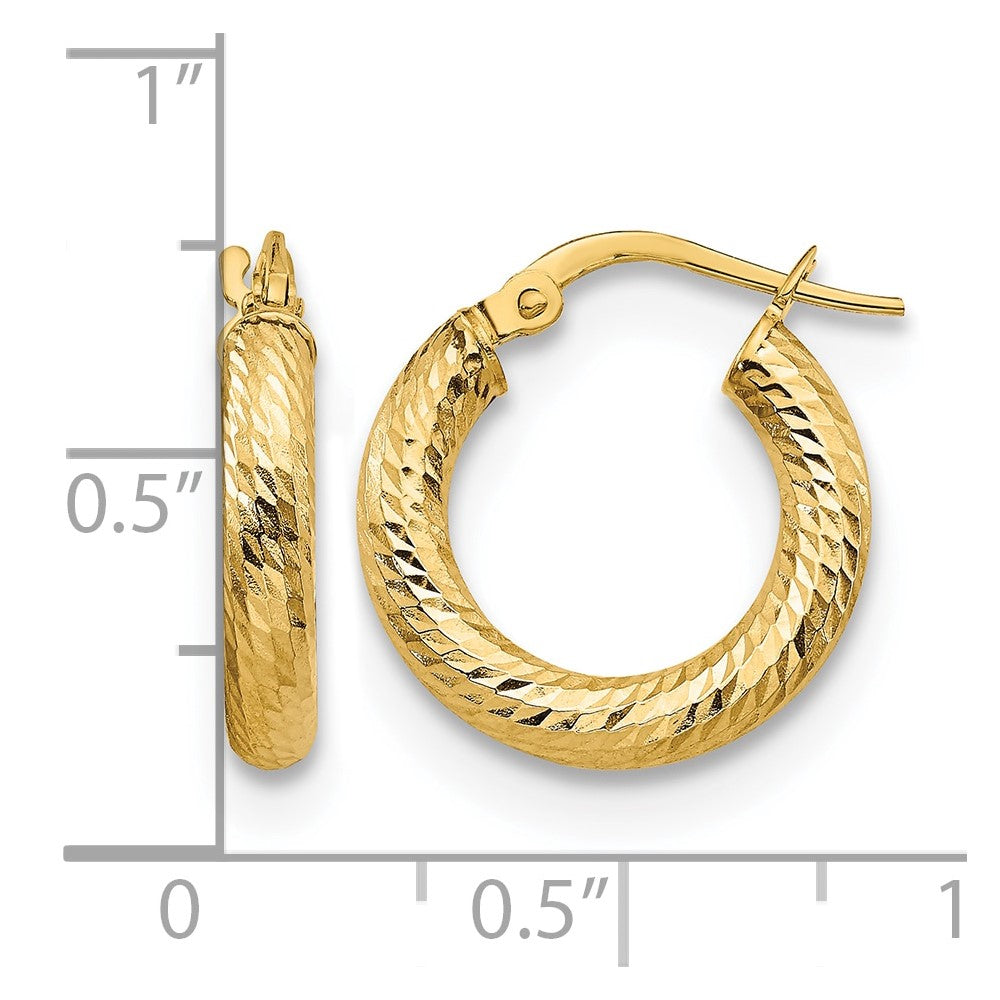14K Yellow Gold 3X10 D/C Round Hoop Earrings
