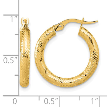 14K Yellow Gold 3X15 D/C Round Hoop Earrings