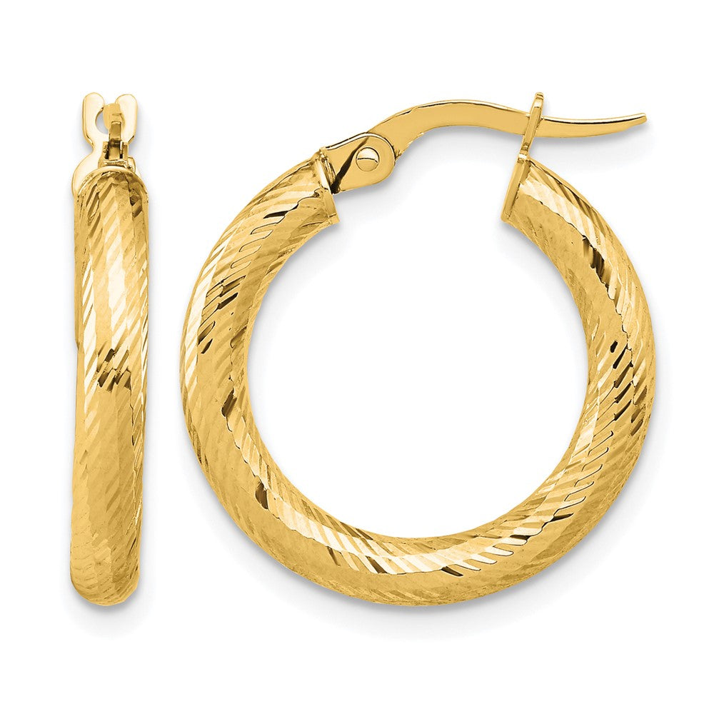 14K Yellow Gold 3X15 D/C Round Hoop Earrings
