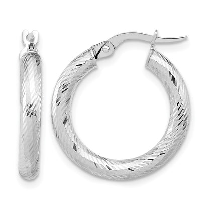 14K Yellow & Rhodium 3X15 With White Plating D/C Round Hoop Earrings