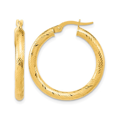 14K Yellow Gold 3X20 D/C Round Hoop Earrings