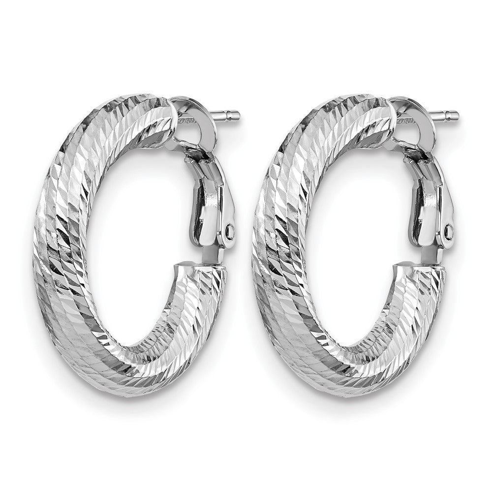 14K White Gold 4X15 D/C Round Omega Back Hoop Earrings