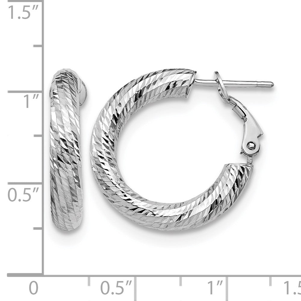 14K White Gold 4X15 D/C Round Omega Back Hoop Earrings