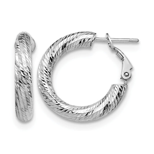 14K White Gold 4X15 D/C Round Omega Back Hoop Earrings