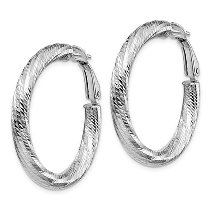14K White Gold 4X25 D/C Round Omega Back Hoop Earrings