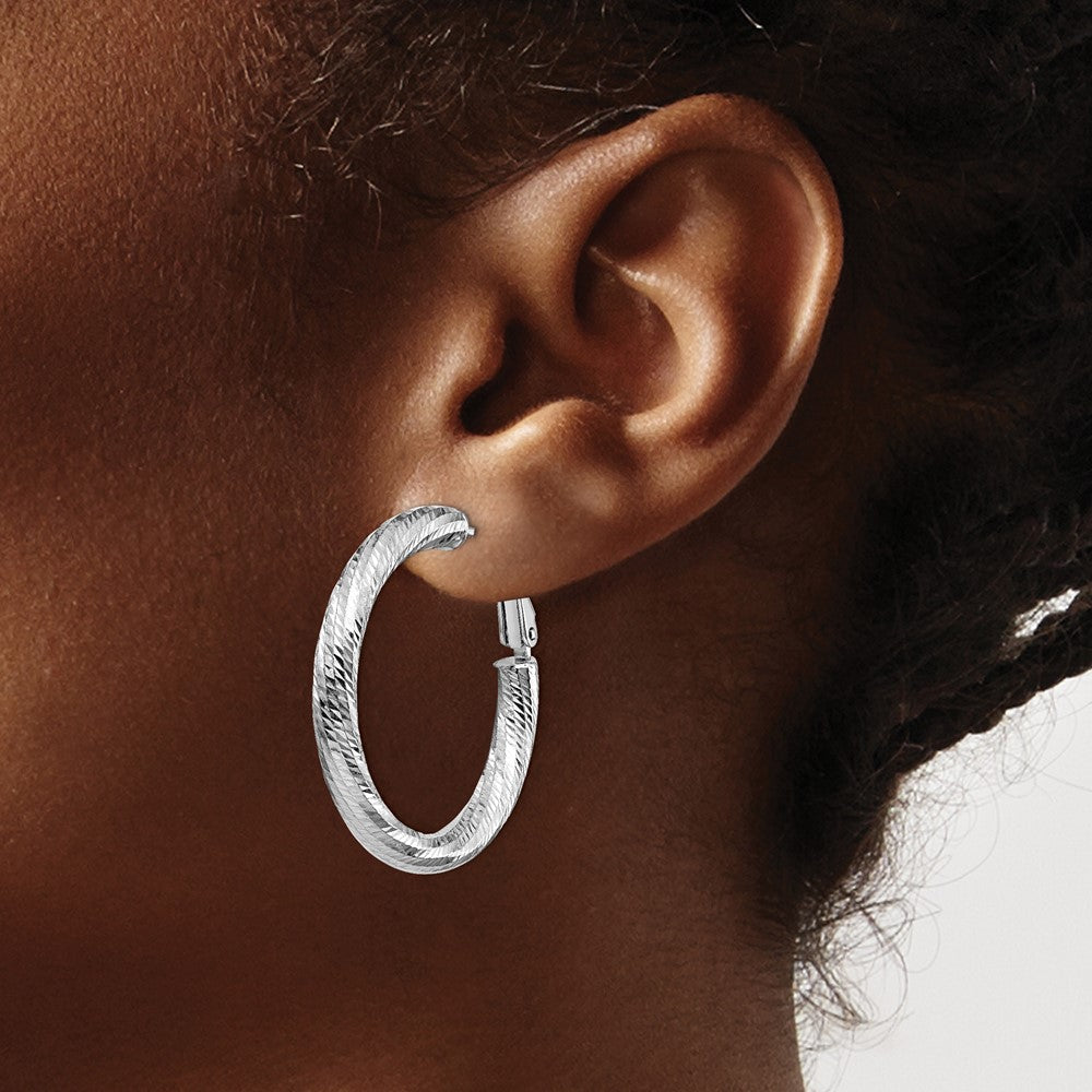 14K White Gold 4X25 D/C Round Omega Back Hoop Earrings