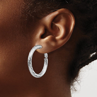 14K White Gold 4X25 D/C Round Omega Back Hoop Earrings