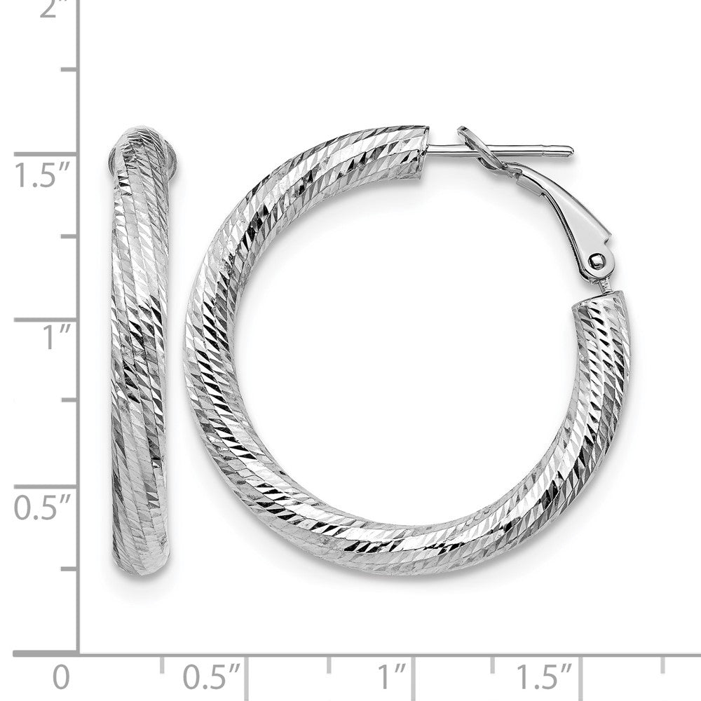 14K White Gold 4X25 D/C Round Omega Back Hoop Earrings