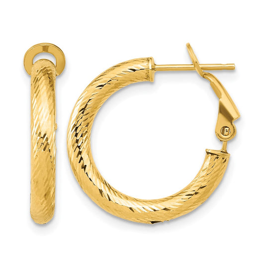 14K Yellow Gold 3X15 D/C Round Omega Back Hoop Earrings
