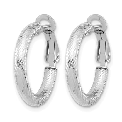 14K Yellow & Rhodium 3X15 W/ White Rhod Plating D/C Round Omega Back Hoop Earrings
