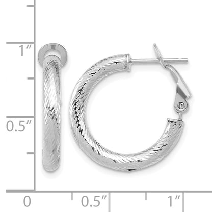 14K Yellow & Rhodium 3X15 W/ White Rhod Plating D/C Round Omega Back Hoop Earrings