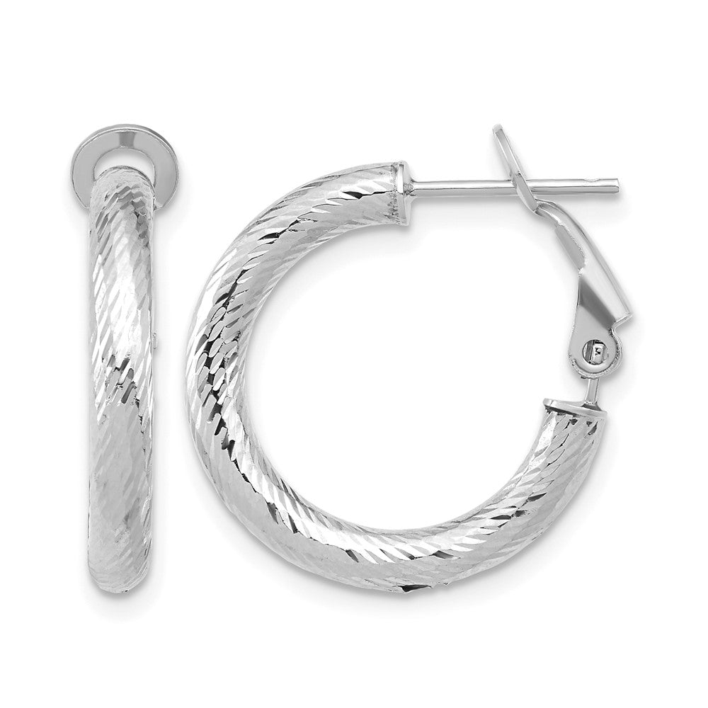 14K Yellow & Rhodium 3X15 W/ White Rhod Plating D/C Round Omega Back Hoop Earrings