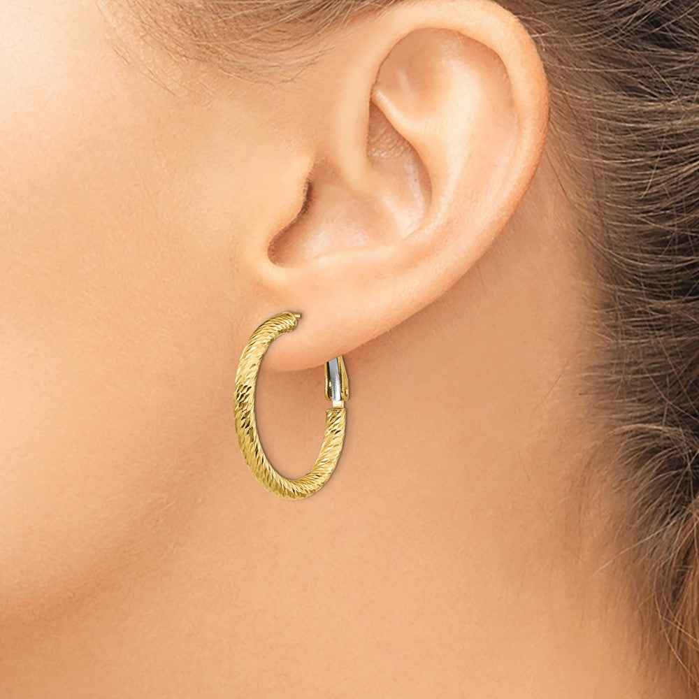 14K Yellow Gold 3X20 D/C Round Omega Back Hoop Earrings