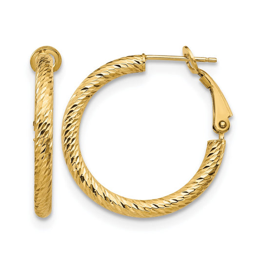 14K Yellow Gold 3X20 D/C Round Omega Back Hoop Earrings