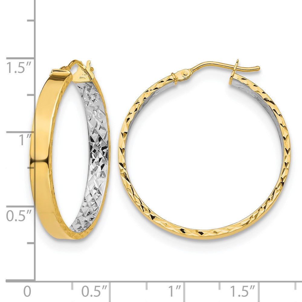 14K Yellow & Rhodium With White Polished And D/C Hoop Earrings