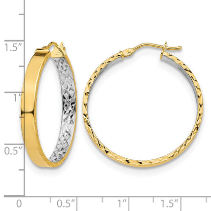 14K Yellow & Rhodium With White Polished And D/C Hoop Earrings