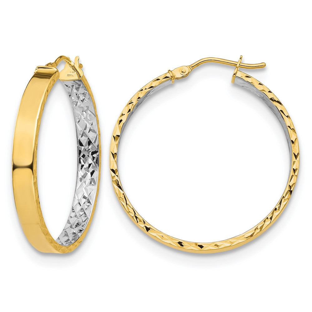 14K Yellow & Rhodium With White Polished And D/C Hoop Earrings
