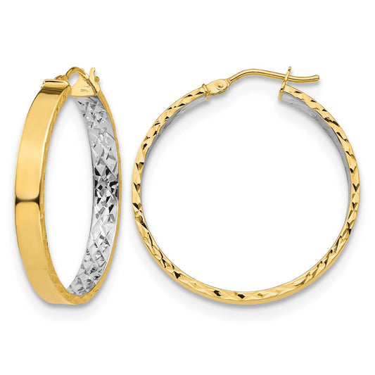 14K Yellow & Rhodium With White Polished And D/C Hoop Earrings