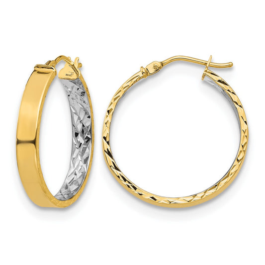 14K Yellow & Rhodium With White Polished And D/C Hoop Earrings