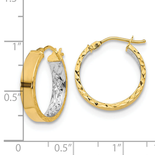 14K Yellow & Rhodium With White Polished And D/C Hoop Earrings