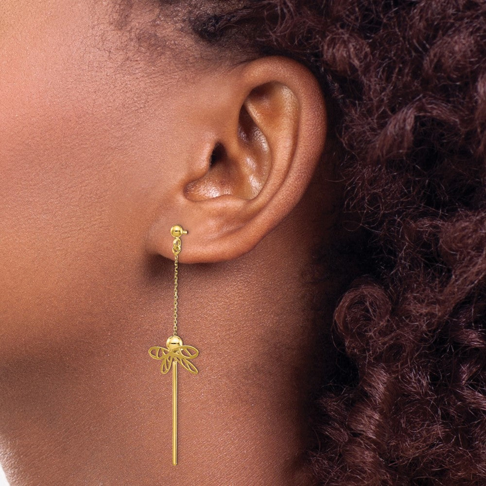 14K Yellow Gold Polished Dragonfly Post Dangle Earrings