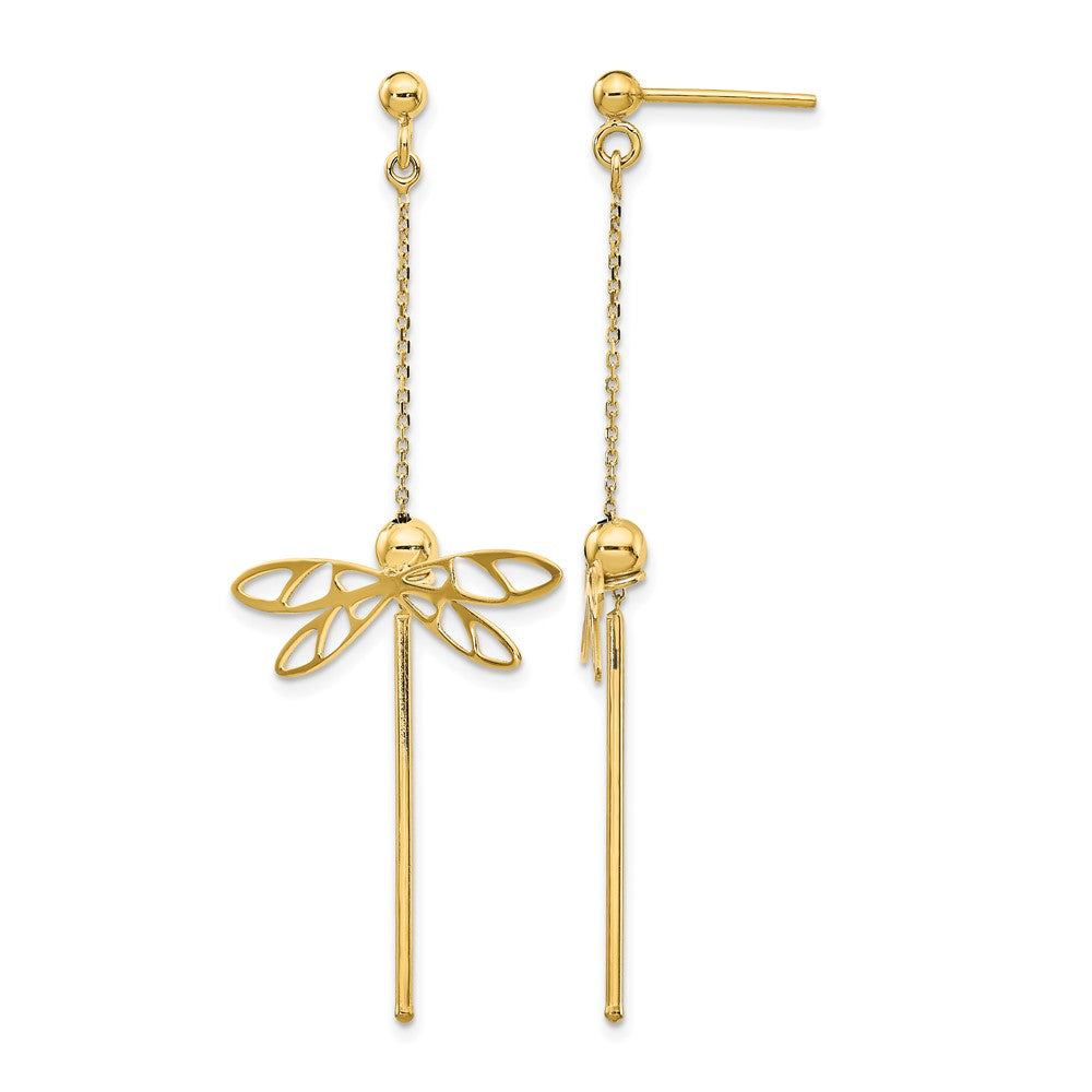 14K Yellow Gold Polished Dragonfly Post Dangle Earrings