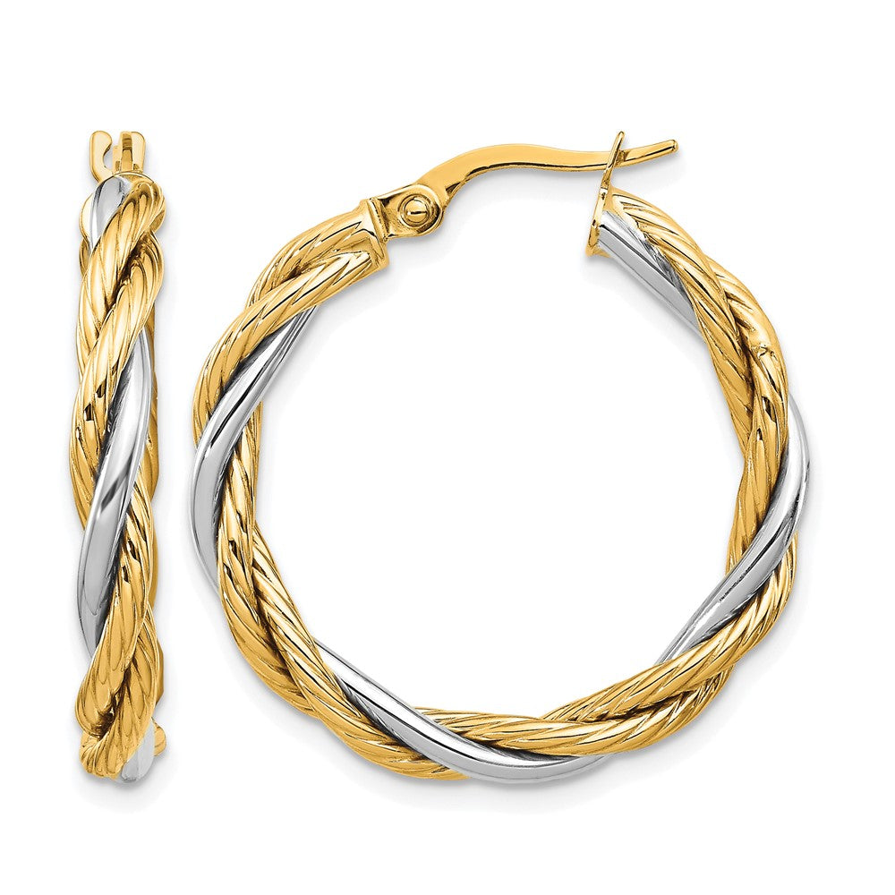 14K Yellow & Rhodium White Polished Twisted Hoop Earrings