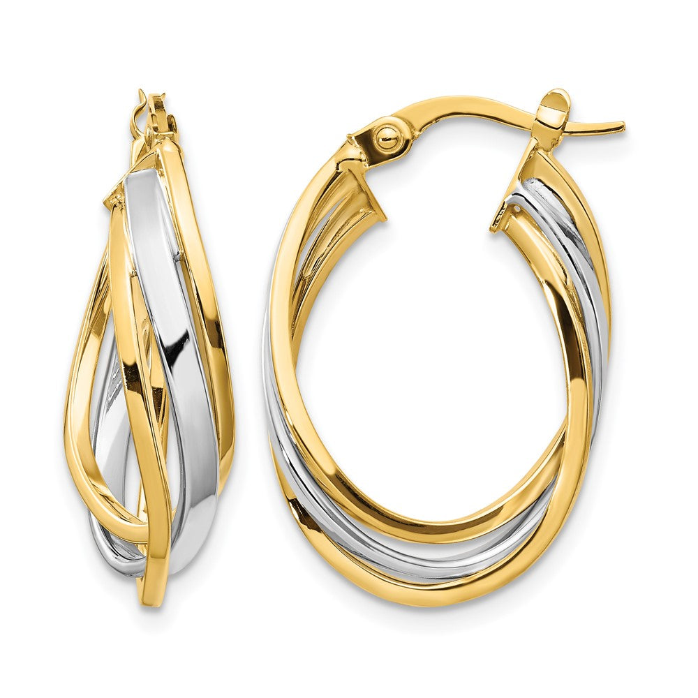 14K Yellow & Rhodium With Polished Oval Hoop Earrings