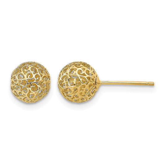 14K Yellow Gold 7.75mm Filigree Ball Post Earrings