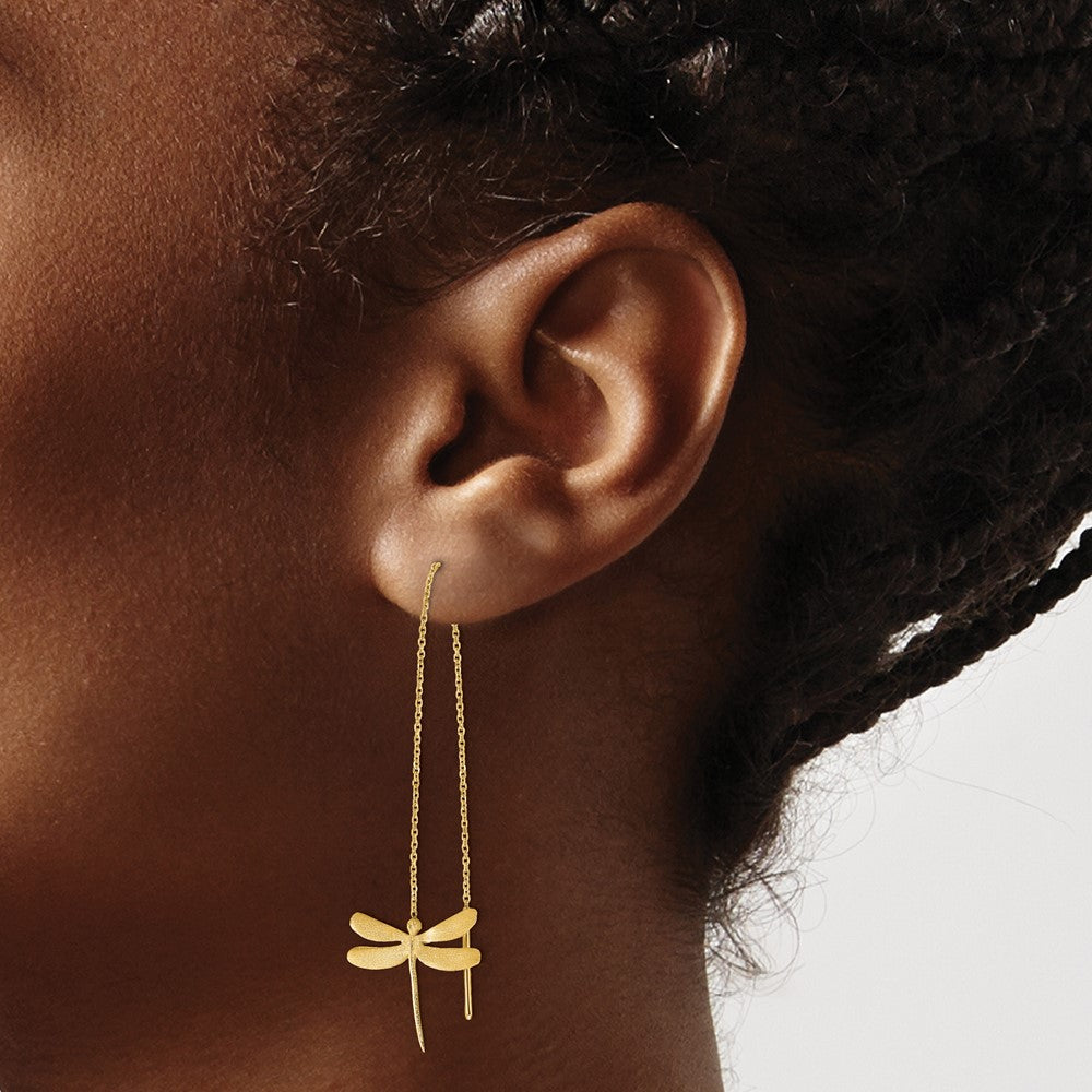 14K Yellow Gold Polished Brushed Dragonfly Threader Earrings