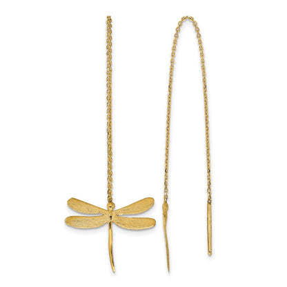 14K Yellow Gold Polished Brushed Dragonfly Threader Earrings