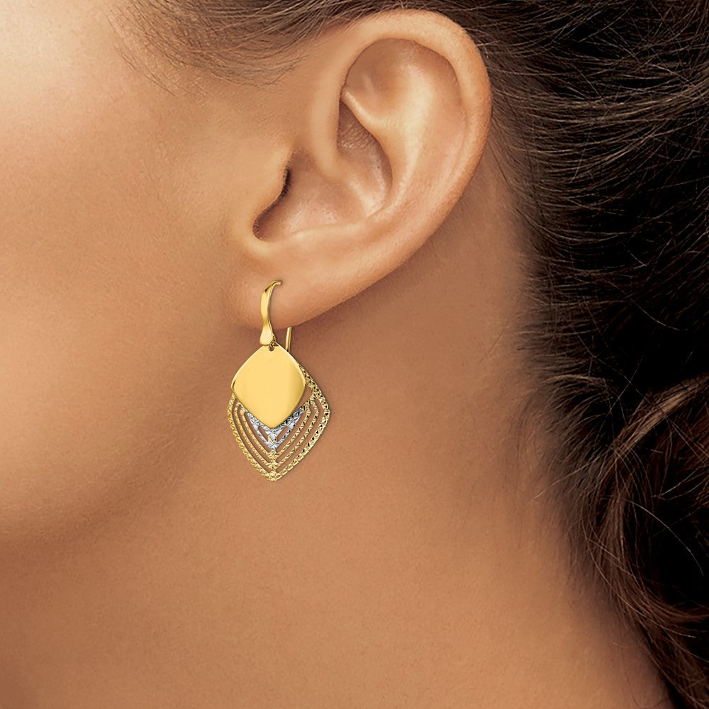 14K White Gold Rhodium Polished Brushed D/C Dangle Earrings