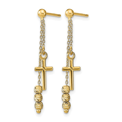 14K Yellow Gold Polished D/C Cross Beaded Post Dangle Earrings