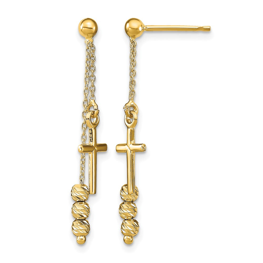 14K Yellow Gold Polished D/C Cross Beaded Post Dangle Earrings