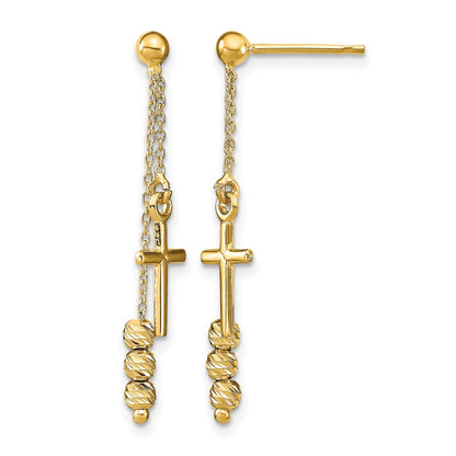 14K Yellow Gold Polished D/C Cross Beaded Post Dangle Earrings