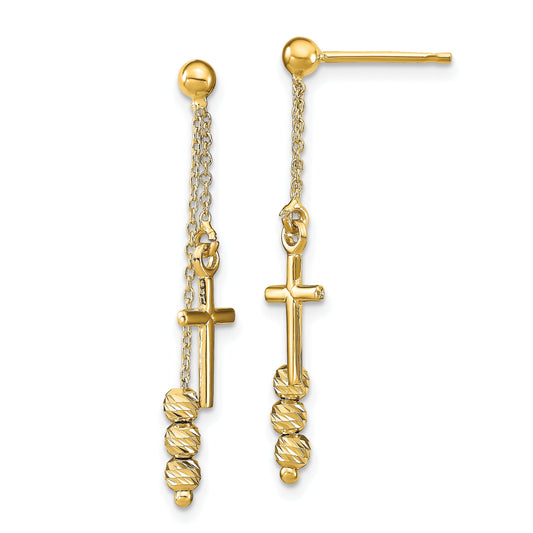 14K Yellow Gold Polished D/C Cross Beaded Post Dangle Earrings