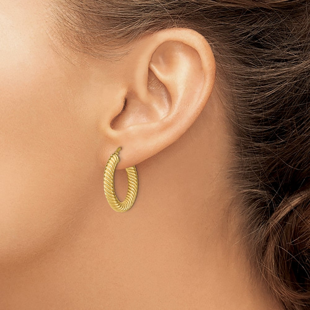14K Yellow Gold Polished Textured Hoop Earrings