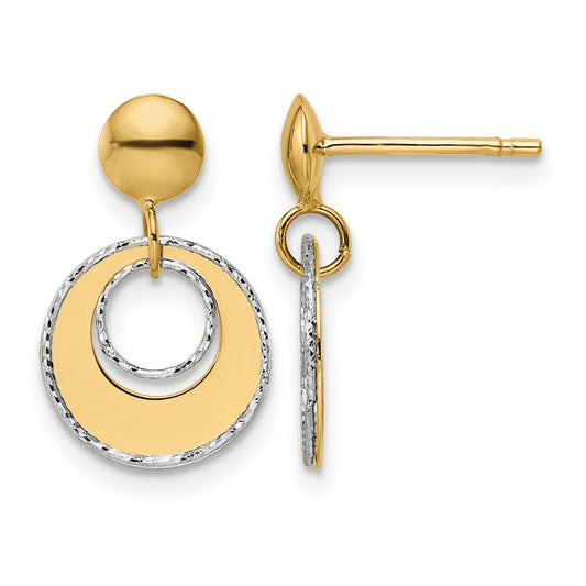 14K Two Tone Polished Textured Post Dangle Earrings
