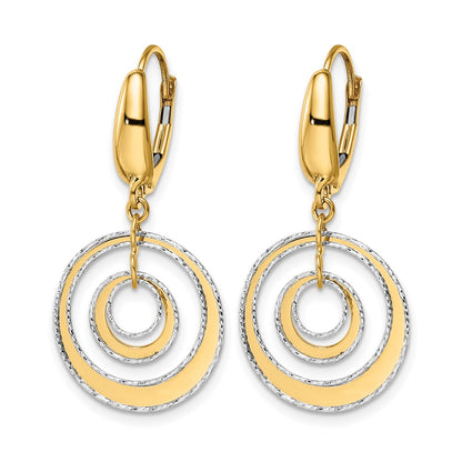 14K Two Tone Polished Textured Leverback Dangle Earrings