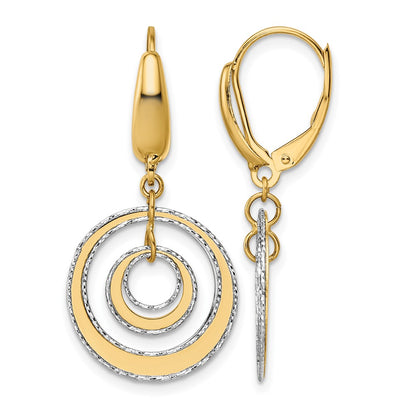 14K Two Tone Polished Textured Leverback Dangle Earrings
