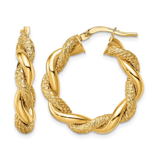 14K Yellow Gold D/C Twisted Hoop Earrings