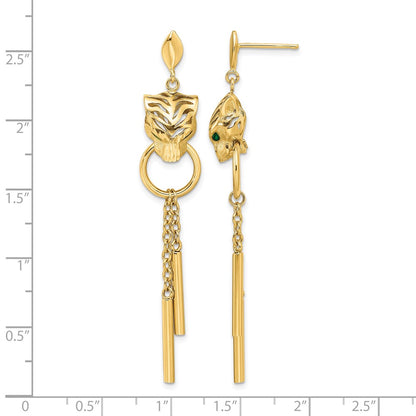 14K Yellow Gold Polished Green Enamel Tiger Post Dangle Earrings
