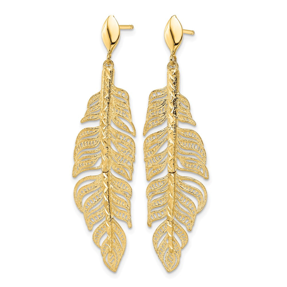 14K Yellow Gold Polished D/C Textured Leaf Post Dangle Earrings