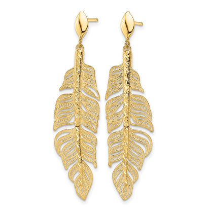 14K Yellow Gold Polished D/C Textured Leaf Post Dangle Earrings