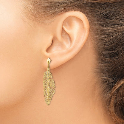 14K Yellow Gold Polished D/C Textured Leaf Post Dangle Earrings