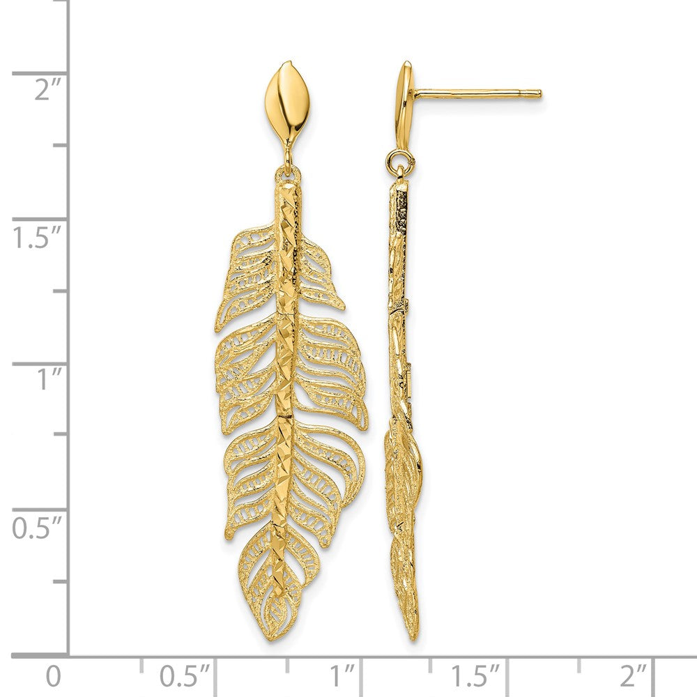 14K Yellow Gold Polished D/C Textured Leaf Post Dangle Earrings