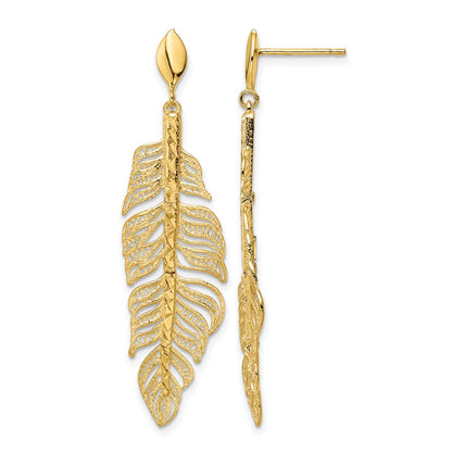 14K Yellow Gold Polished D/C Textured Leaf Post Dangle Earrings