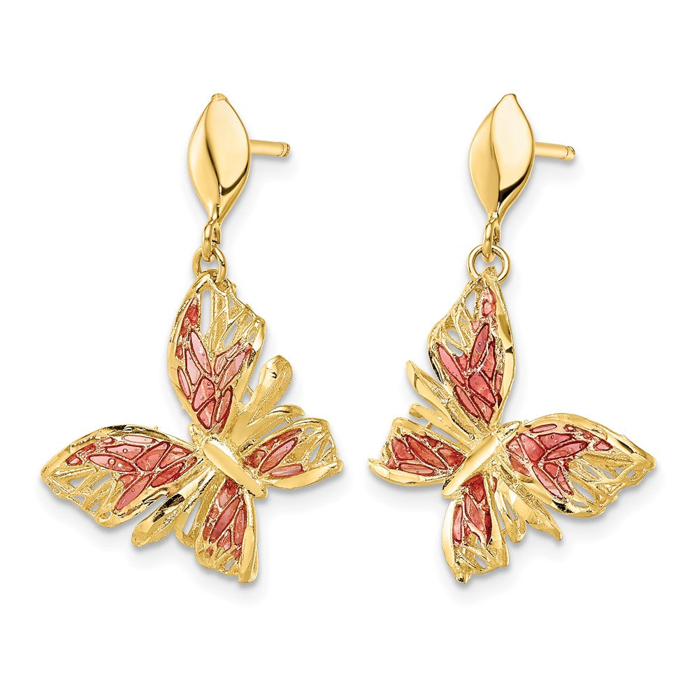 14K Yellow Gold Polished D/C Pink Enamel Butterfly Post Dangle Earrings