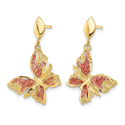 14K Yellow Gold Polished D/C Pink Enamel Butterfly Post Dangle Earrings