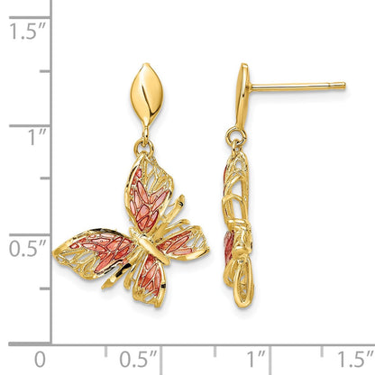 14K Yellow Gold Polished D/C Pink Enamel Butterfly Post Dangle Earrings